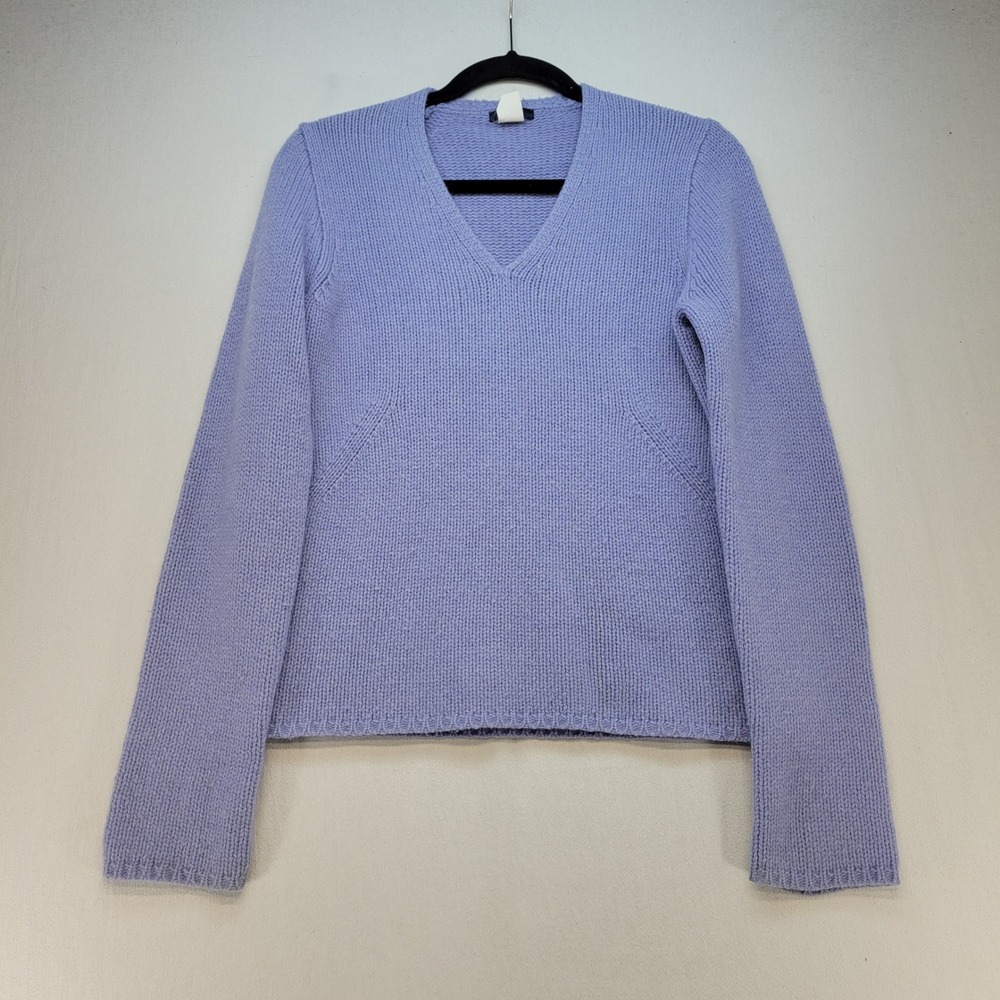 J.Crew V-Neck Sweater Women Medium Blue Elbow Patch Lambswool Knit Pullover
